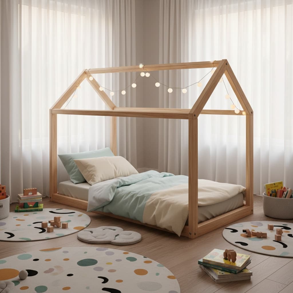 Lit cabane Montessori au sol dans une chambre d'enfant aménagée selon la pédagogie Montessori