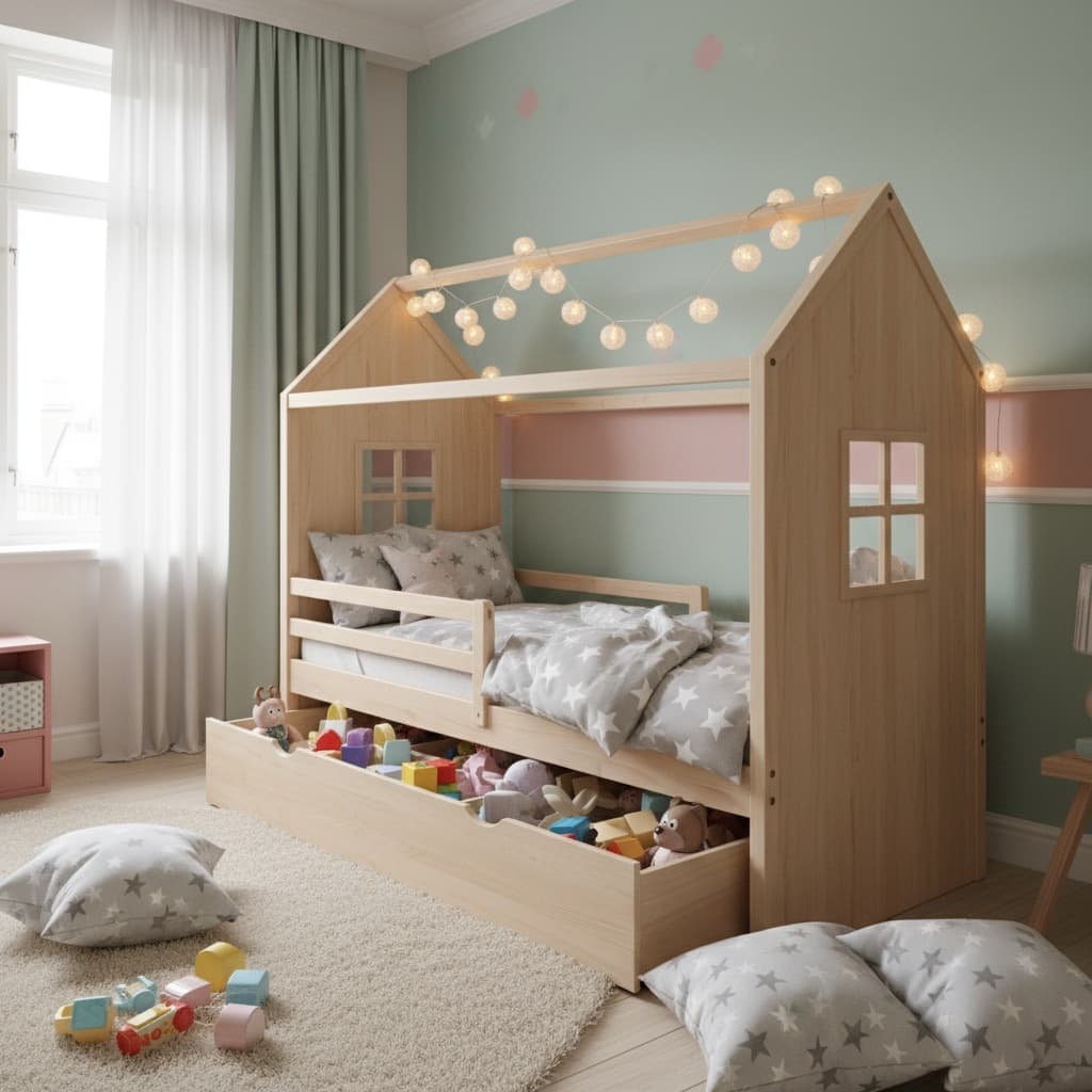 Lit cabane enfant avec tiroirs de rangement intégrés, design fonctionnel et optimisé