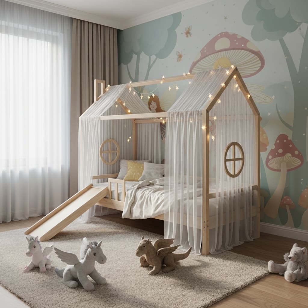 Lit cabane enfant décoré avec style féérique, guirlandes lumineuses et accessoires colorés
