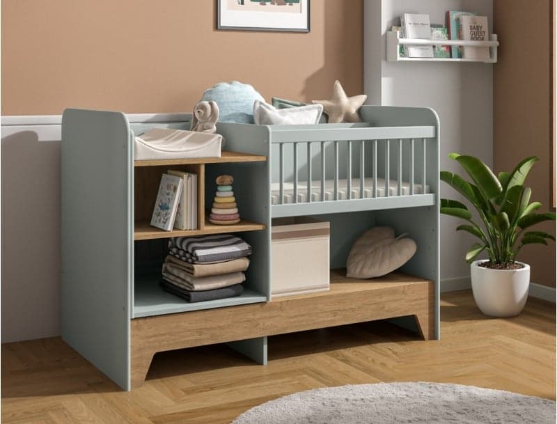 Lit bébé évolutif combiné Calisson vert sauge et chêne 3-en-1